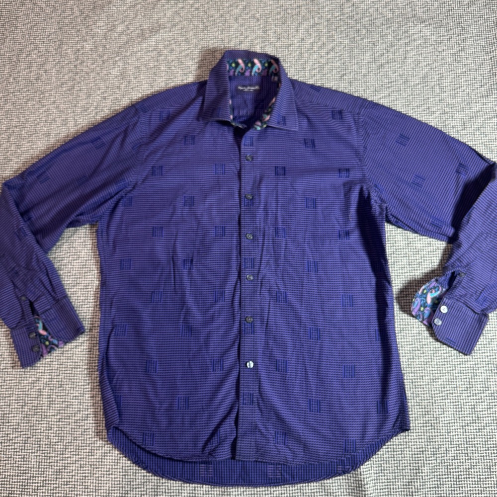 Marco Brunelli Mens Purple Micro Check Jacquard Paisley Trim Shirt Size M